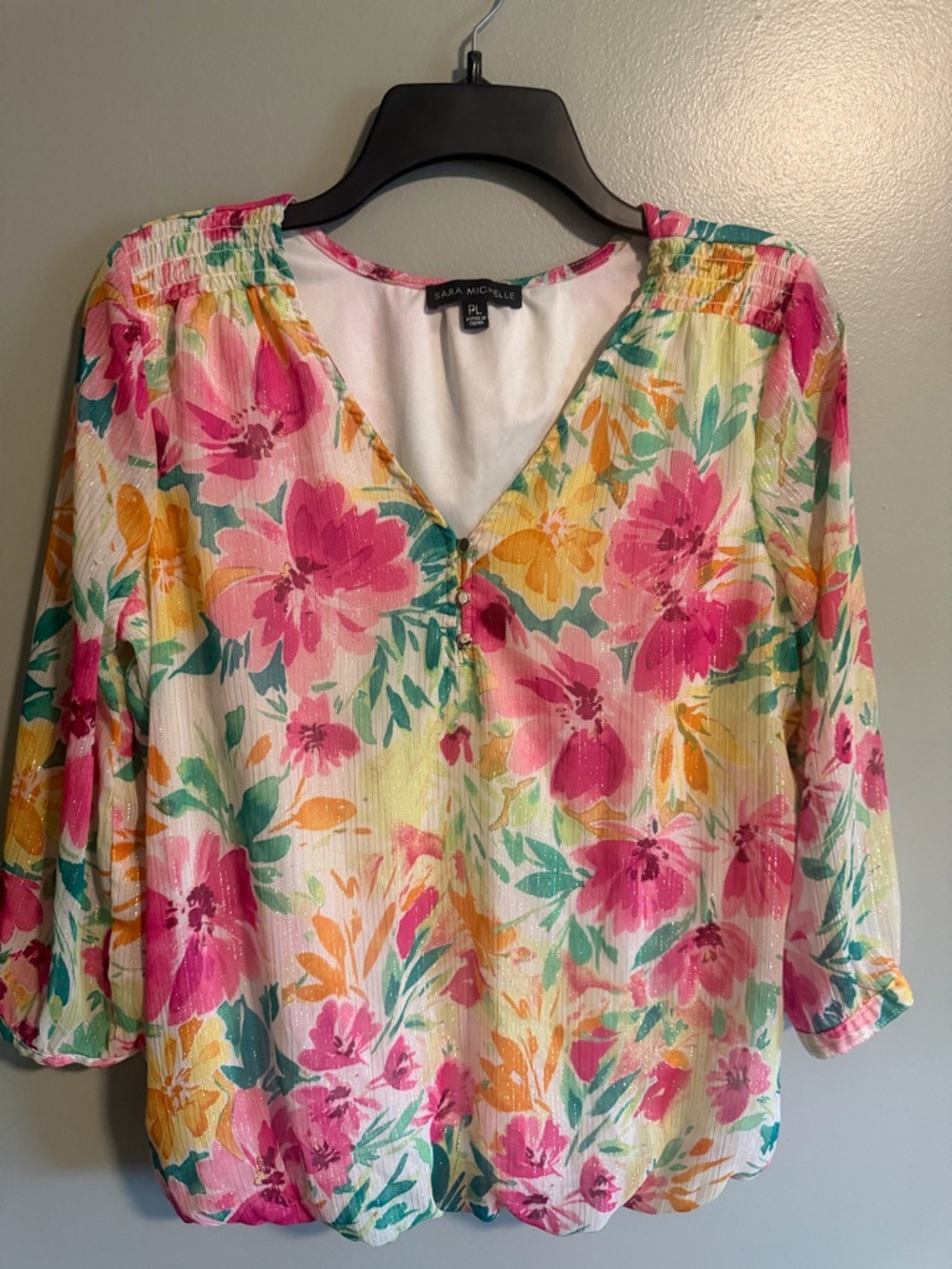 Sara Michelle Pink Floral V-Neck 3/4 sleeve Metallic Gold Accent petite large